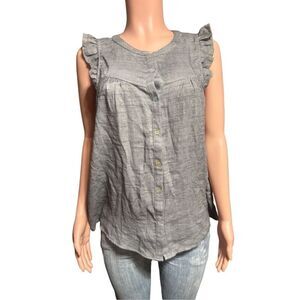 Doe&Rae women's button-up sleeveless ruffle shoulders charcoal tunic top S, M,L